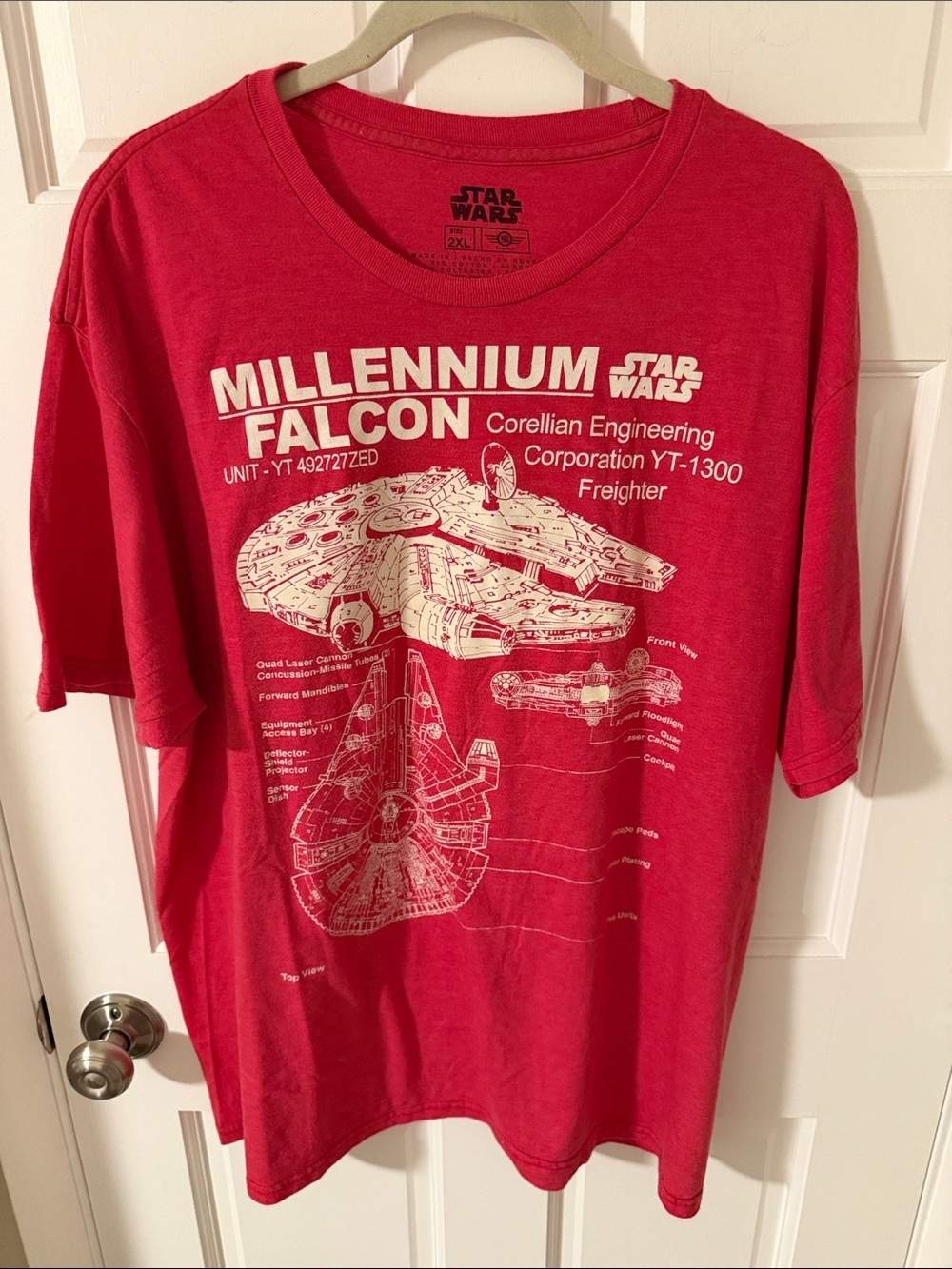 Star Wars Men’s Red Millennium Falcon Schematic Short Sleeve Tee Size 2XL